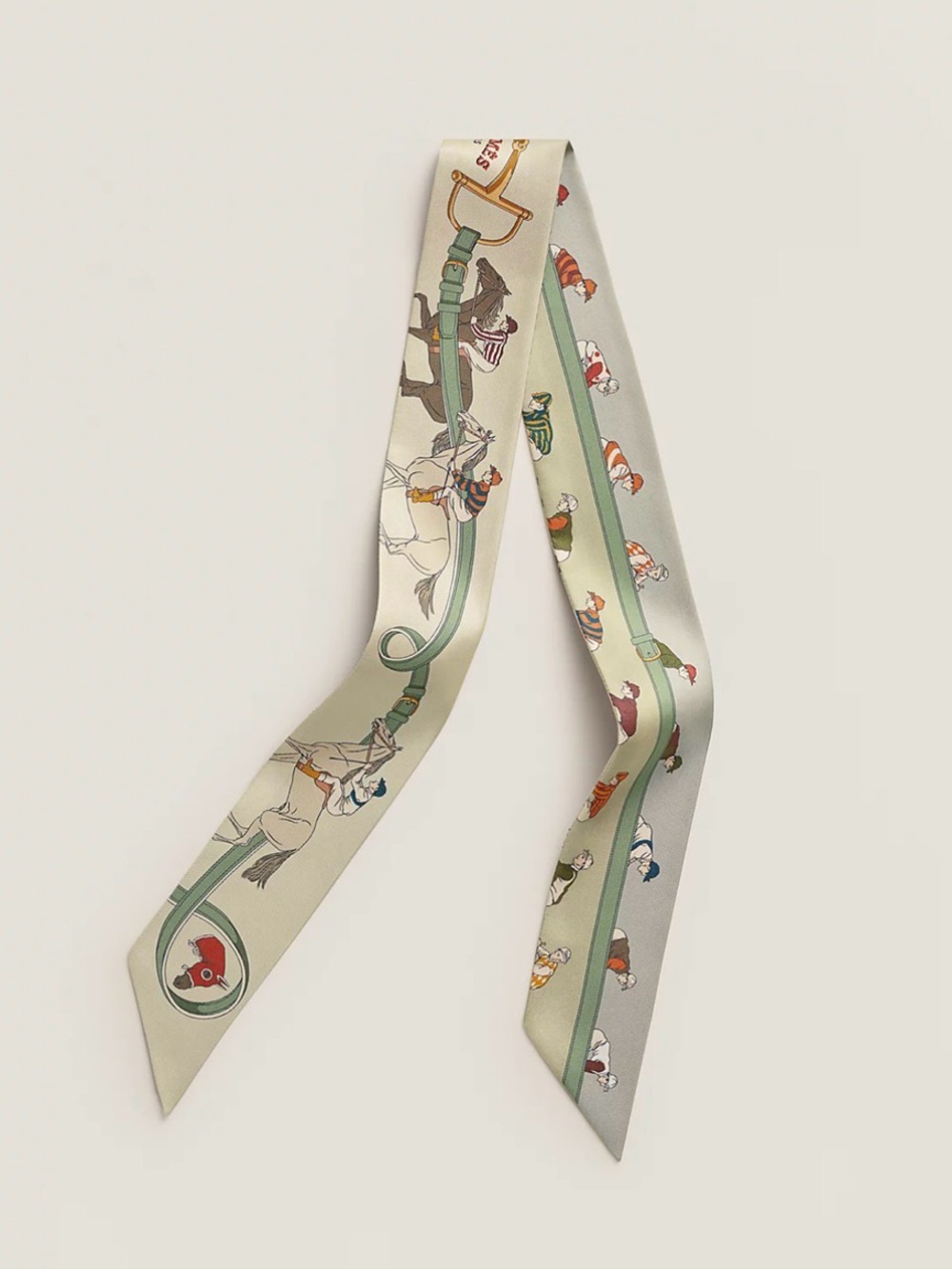 Hermes Turf Les Courses Beige Silk Twilly with Equestrian Riders in Cream & Sage